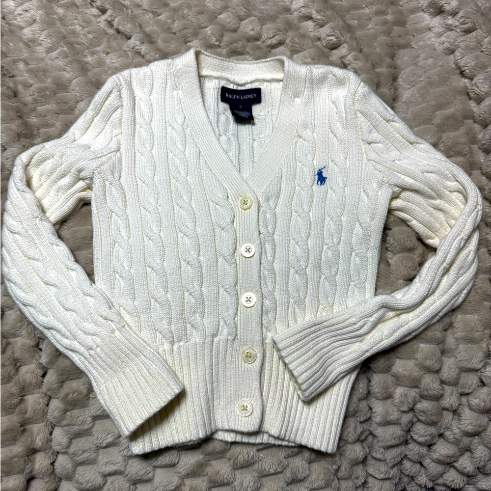 Ralph Lauren children’s cream sweater with blue horse. EUC. Looks new. Small.